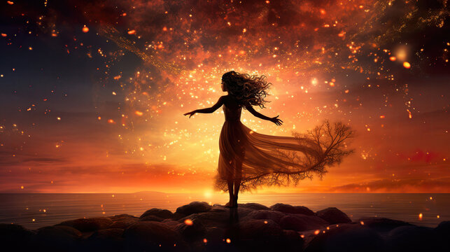 magical beautiful night artwork of a dancing woman, stars around