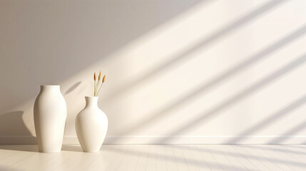 White empty room with vase for flowers, light background with shadows, sunlight Minimalistic concept. Generative AI