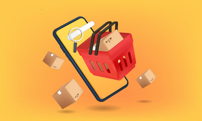 3D Parcel box are placed in red shopping cart with mobile phone on Orange background. Vector illustration