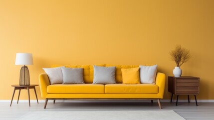 3d rendering mock up yellow wall in living room with sofa