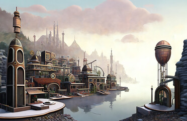 Sea harbor in steampunk town generative AI - obrazy, fototapety, plakaty
