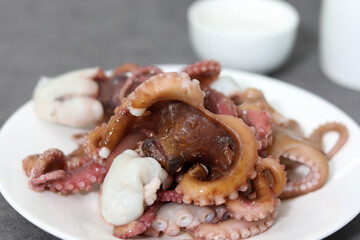 Steamed octopus on a white plate. Close-up image of fresh seafood dishes.

