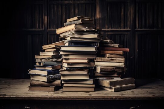 stack of old books on table dark background