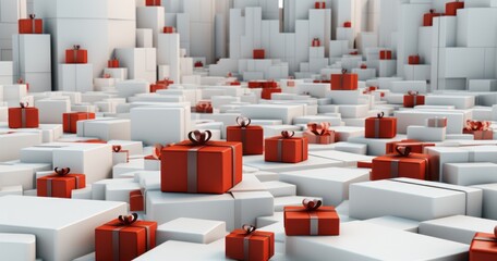 Valentine's day concept. gifts are white on red boxes with red ribbons. generative ai.