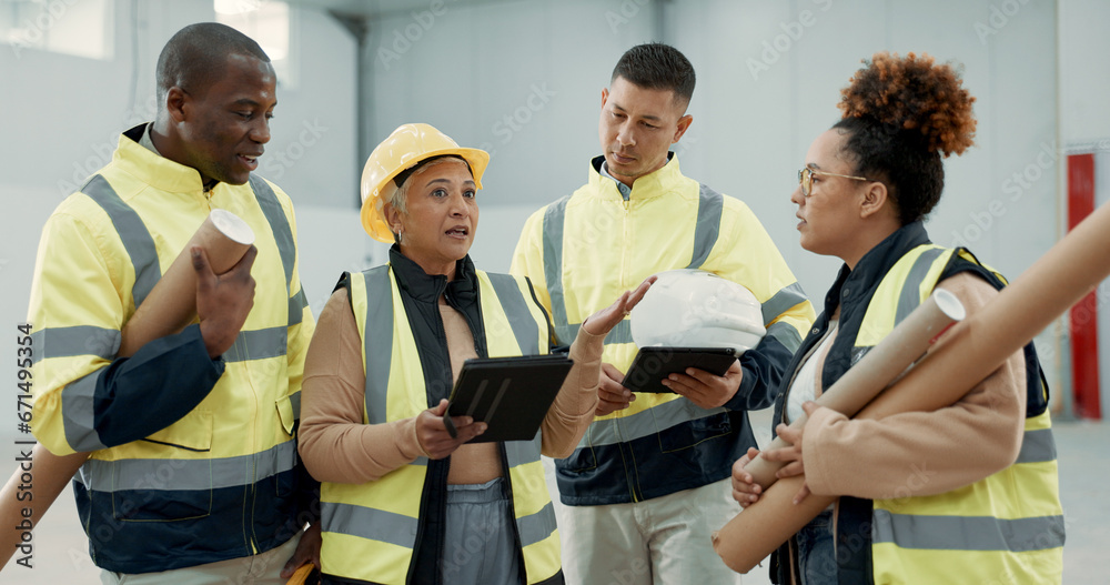 Poster Engineering meeting, teamwork and people on tablet for blueprint, construction and building design or planning. Industry manager with digital floor plan, project management and warehouse architecture