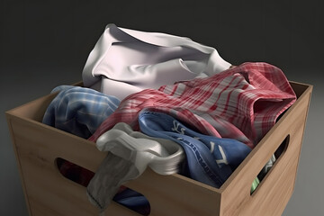 A stack of clothes in different colors in a box. The concept of conscious clothing consumption. Neural network AI generated art