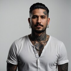 Obraz premium Portrait of professional male tattoo artist standing confidently against gray background 