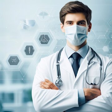 Young Doctor medical practitioner health professional surgeon diagnose prescribe healthcare hospital scene background portrait wearing mask clinic emergency nursing patient hospital photo
