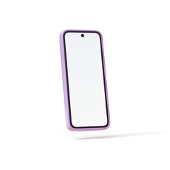 Minimal stylized simple modern mobile phone in a purple case with empty touch screen floats in air space. Smartphone mockup with blue blank display, front view. 3d render isolated transparent.