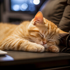 Cute ginger cat sleeping on the table at home, selective focus. 