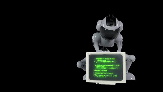 the zombie robot is looking for something useful in an old computer monitor