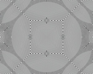  Line art optical art. Psychedelic background. Monochrome background. Optical illusion style. Black dark background. Modern pattern. Abstract graphic texture. Graphic ornament