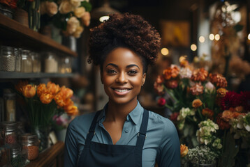 A visually striking image of a a happy, confident, modern 30-something African businesswoman standing outside a new flower shop 