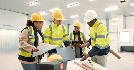 Engineering group, blueprint planning and tablet at construction site, warehouse or design...
