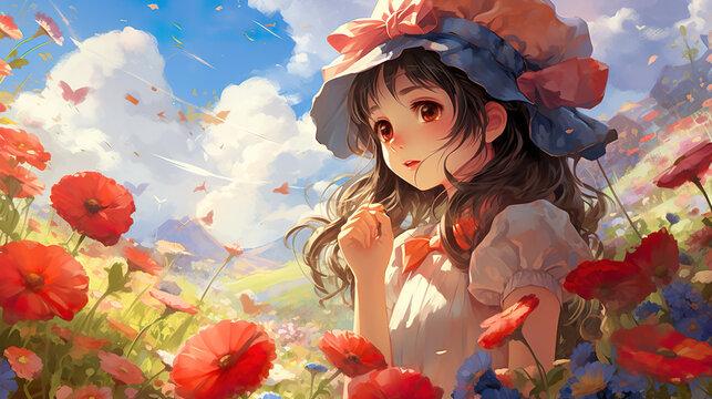 a cute anime girl in a big flower garden, wallpaper design