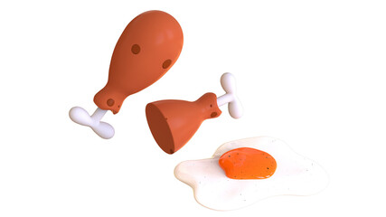fried egg with chicken leg  yellow yoke isolated 3d render illustration
