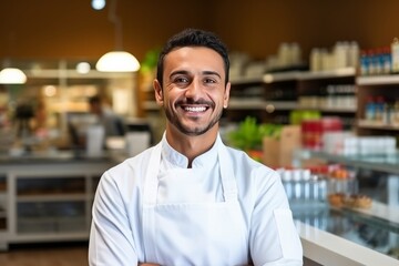 Fototapeta premium Young smiling man supermarket worker. AI generative