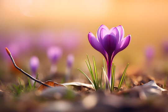 Beautiful Purple crocus spring flower on blurry grass background blooming during early spring with copy space