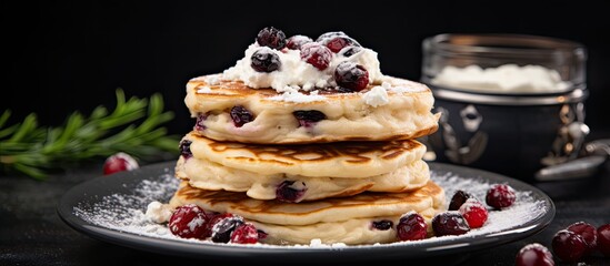 Vegan breakfast with cottage cheese fruit and pancakes Ideal for the family