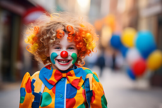 Happy young boy child dressed up with colorful clown costume for European carnival celebration