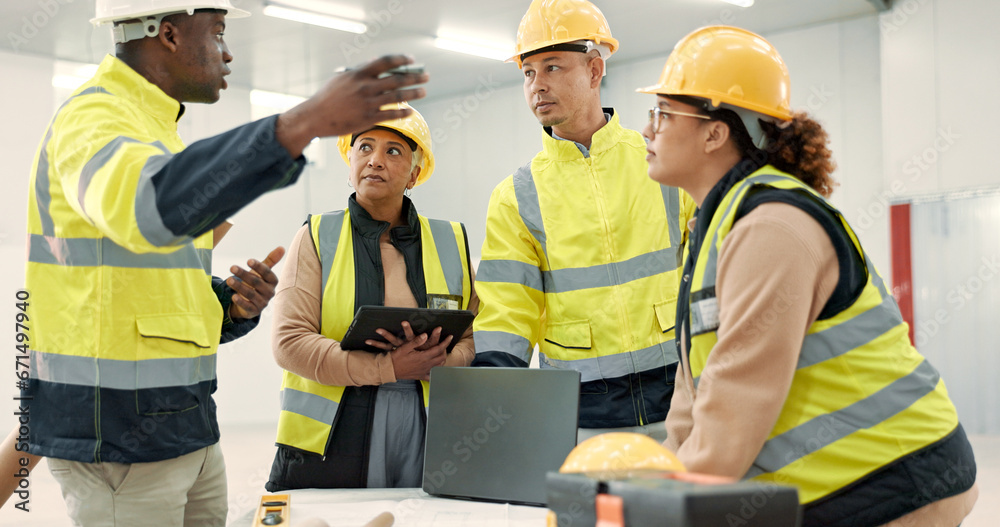 Poster engineering manager, teamwork and planning for warehouse development, construction site or building 