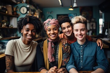 group of hipster queer diverse young people at work - obrazy, fototapety, plakaty