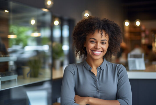 Image Of A Happy, Confident, Modern 30-something African Businesswoman Opening A New Business Premises. Model Not Looking At Camera. 