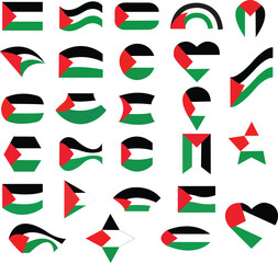 Set of Palestine flag colors flat icons, vector signs, waving flag of Palestine pictogram isolated on Transparent background. Flag icons collection of Palestine country. Symbol, logo illustration.