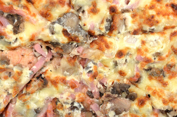 homemade juicy pizza on thick dough with lots of toppings photo on a white background