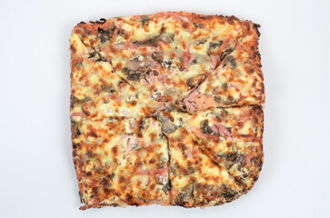 homemade juicy pizza on thick dough with lots of toppings photo on a white background