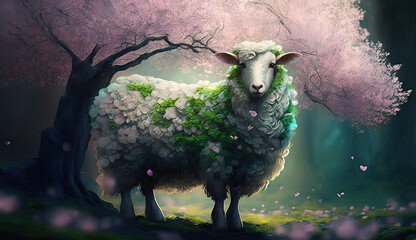 A sheep with pink flowers on its head