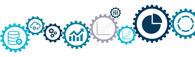 Database management system(DMS) banner vector illustration with the icons of business analytics, dashboard, marketing, KPI, finance, cyberspace, database, server, management, interface, intelligence - obrazy, fototapety, plakaty