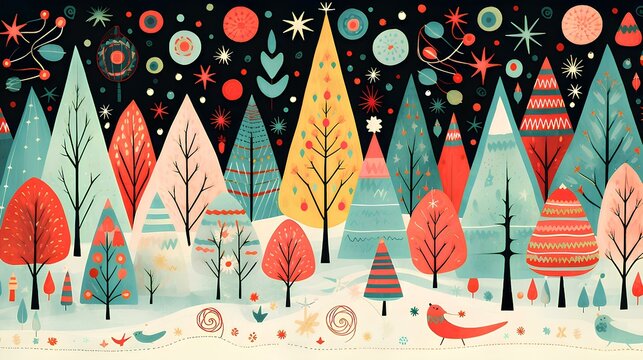 Christmas illustration, winter night forest with colorful trees and nature.