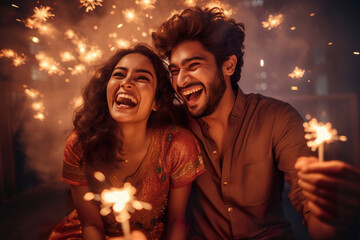 Obraz na płótnie Canvas Happy young Indian couple having fun in the background of Diwali festival celebration. Diwali festival concept