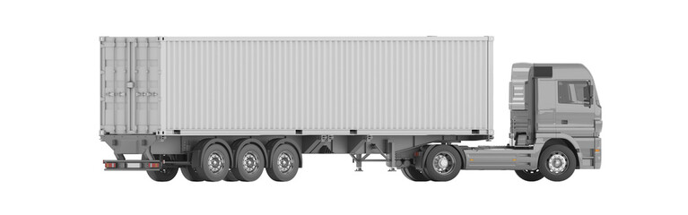 A gray truck with a trailer on which a sea container is located. 3d illustration. Orthographic view. Isolated on a white background.