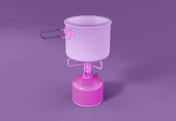 Tourist gas cylinder with a burner and dishes. Minimal style with copy space. 3d illustration.