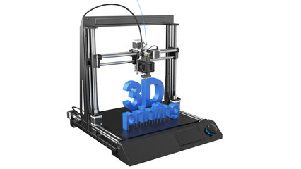 Extruder technology. 3d printer in the process of printing. The text shape is printed: "3D printing". 3d illustration. Isolated on white background