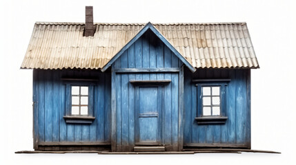 Fototapeta na wymiar Old small blue wooden village house built of planks