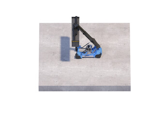The reach stacker (loader) lifts and loads a sea container (ship container). Isometric view. Orthogonal projection. 3d illustration.