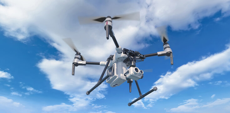 A modern aerial drone (quadcopter) with remote control, flying with an action camera. Against the background of the sky and clouds. Background: photo. Drone: 3d model. 3d illustration.