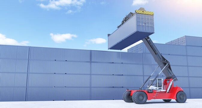 The red reach stacker (loader) lifts and loads a sea container (ship container). 3d illustration.