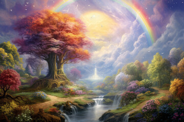 The concept of ``Garden of Eden'' that appears in the Old Testament ``Genesis''. A rainbow in the sky of 