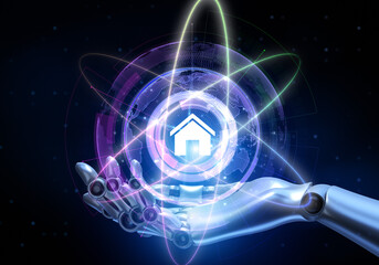 Smart Home automation wireless control IOT internet of things concept.  Robot hand pressing button 3d render.
