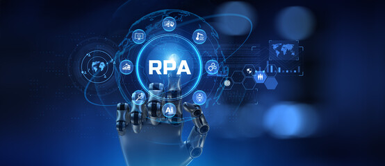 RPA Robotic process automation technology innovation concept. Robot hand pressing button on screen 3d render.