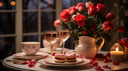 A beautifully decorated dining table with fine china and candlelight, creating a luxurious and lovely ambiance for a special Valentine's Day dinner.