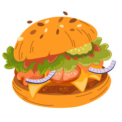 Cartoon Burger with lettuce, onions, sesame, tomato and cheese. Fast food, fatty food. Hand Drawn Hamburger Vector illustration isolated on white background