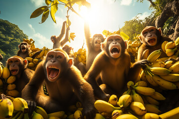 Illustration of monkeys near the banana plant in tropical forest - obrazy, fototapety, plakaty