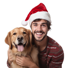 Man with head of dog wearing Santa hat isolated on a transparent background.