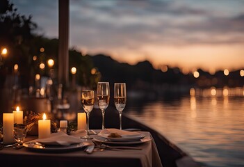 Fototapeta premium In a riverside restaurant, a romantic candlelit scene unfolds, sits under the soft glow of candlelight, gazing out at the serene waters of the River,