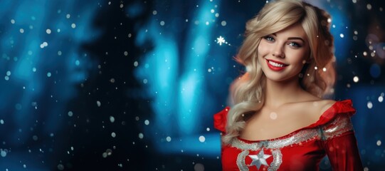 Beautiful Smiling Happy Blonde Woman in a Red White Christmas Outfit standing against a Blue Sparkling Background with Empty Copy Space for Text and Advertising created with Generative AI Technology